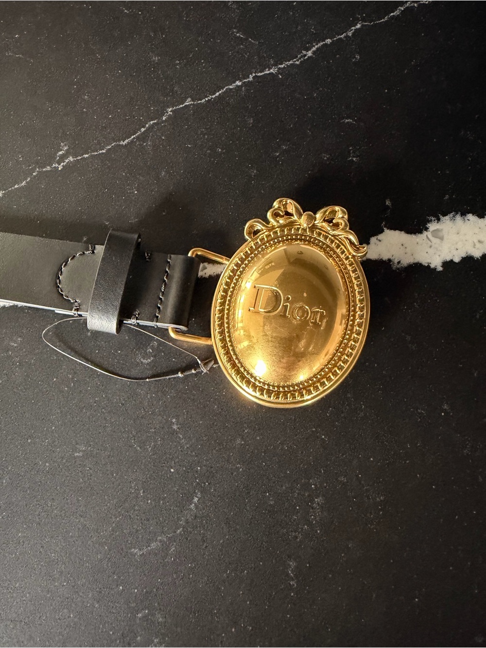 Dior Black Leather Belt with Gold Oval Emblem Buckle